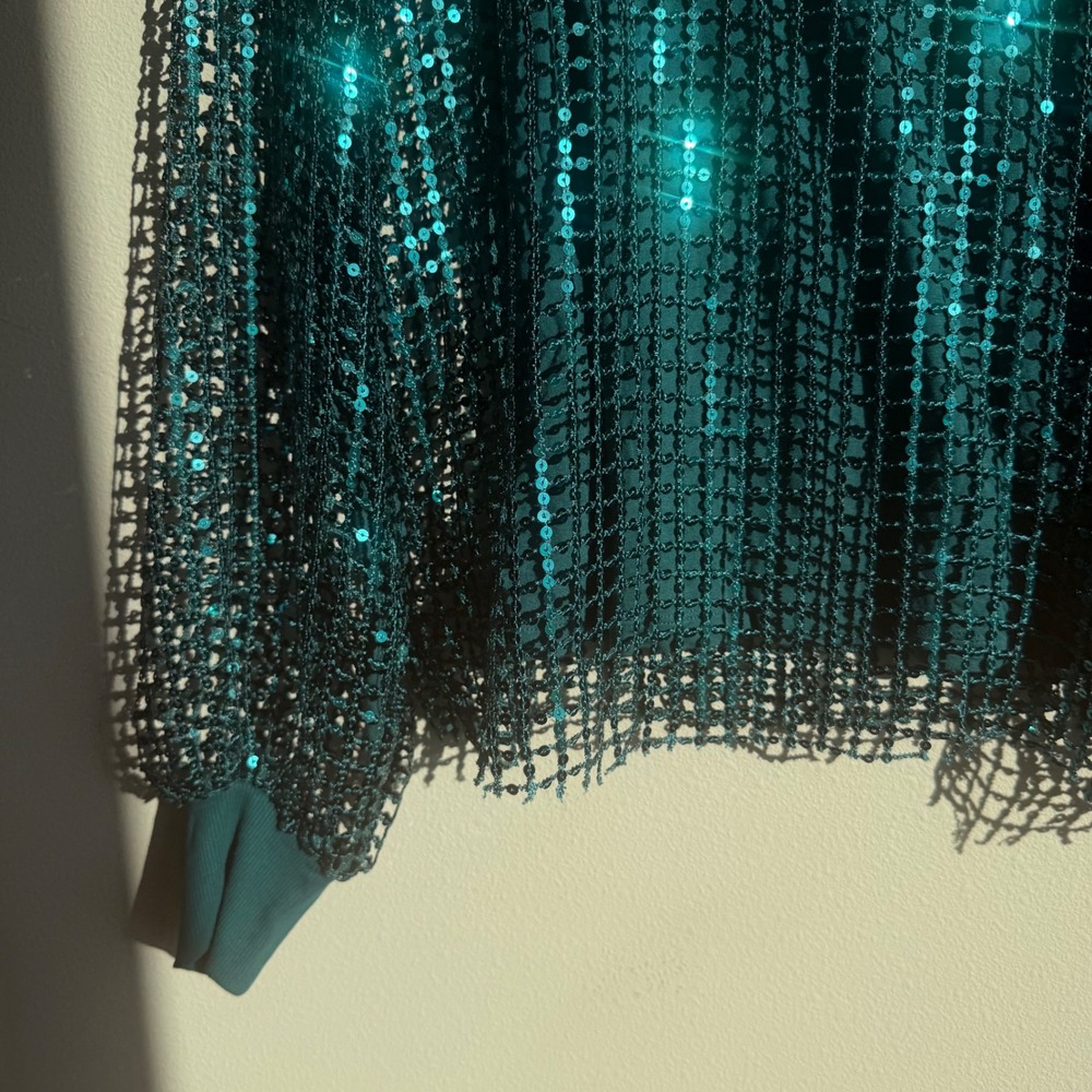 Anthropologie Pilcro Teal Sequin Lattice Long Sleeve Top - Picture 6 of 8